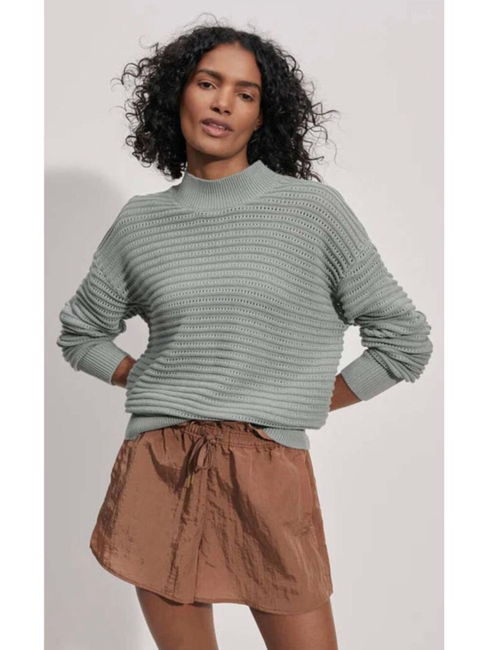 Varley Franco Knit Crew Green Milieu 100% Cotton-sz Medium
